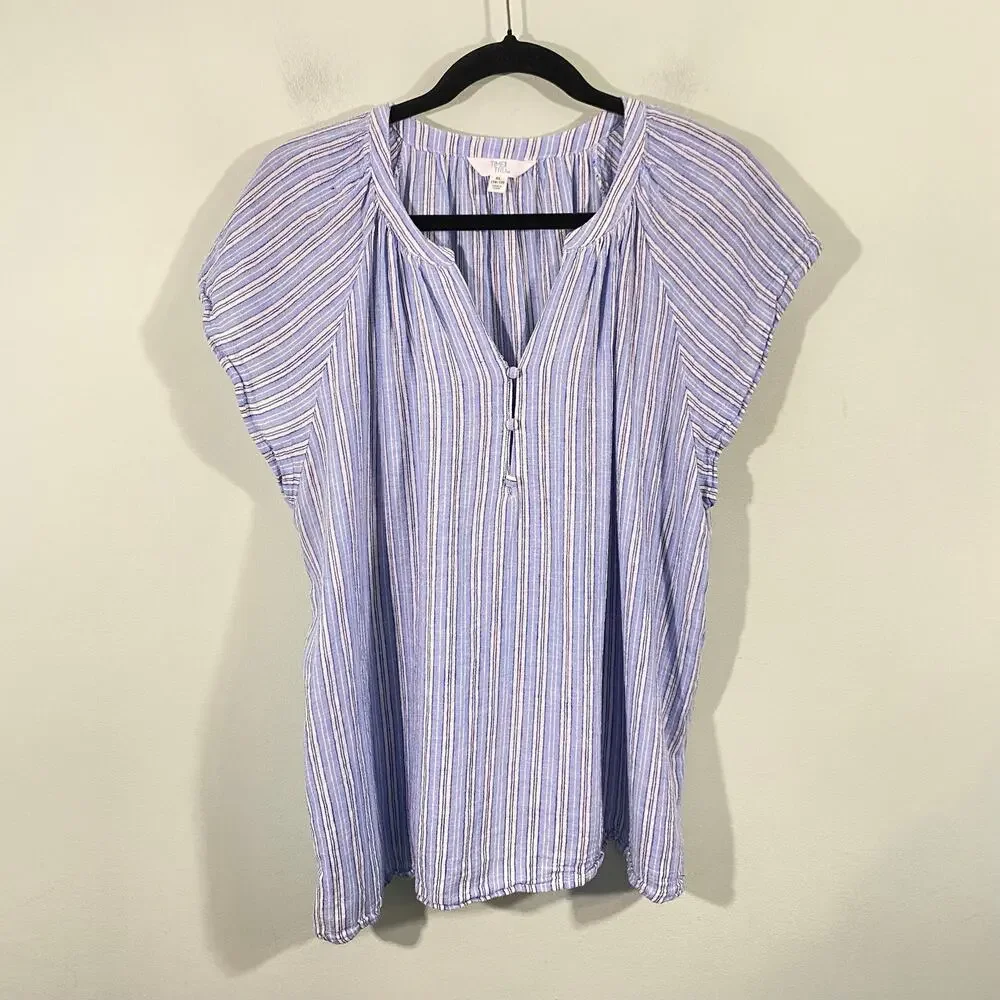 Time & Tru Women's Blue Striped Cap Sleeves Linen Blend Top Size XL (16-18)